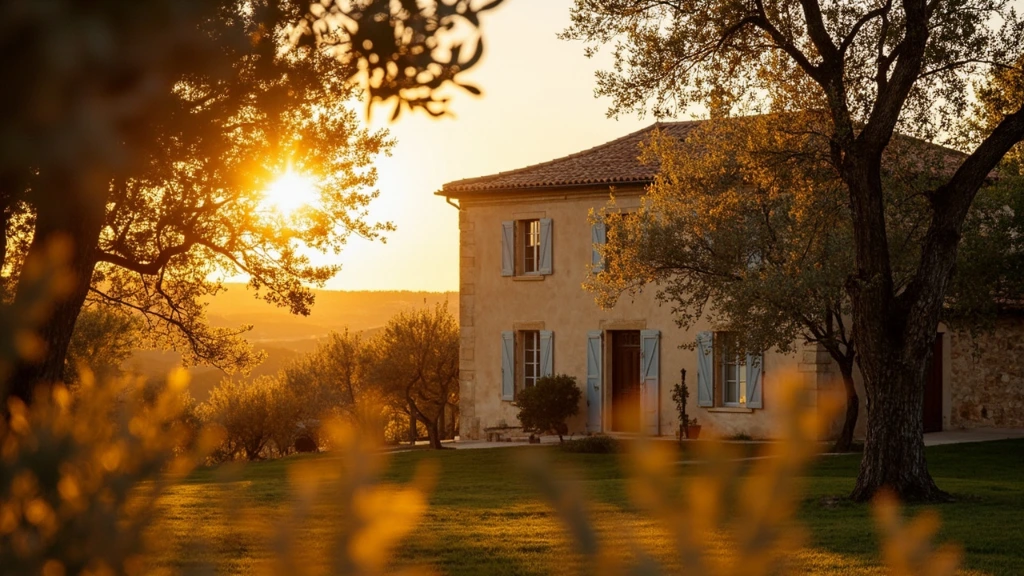 La bastide au crépuscule, derrière les oliviers centenaires