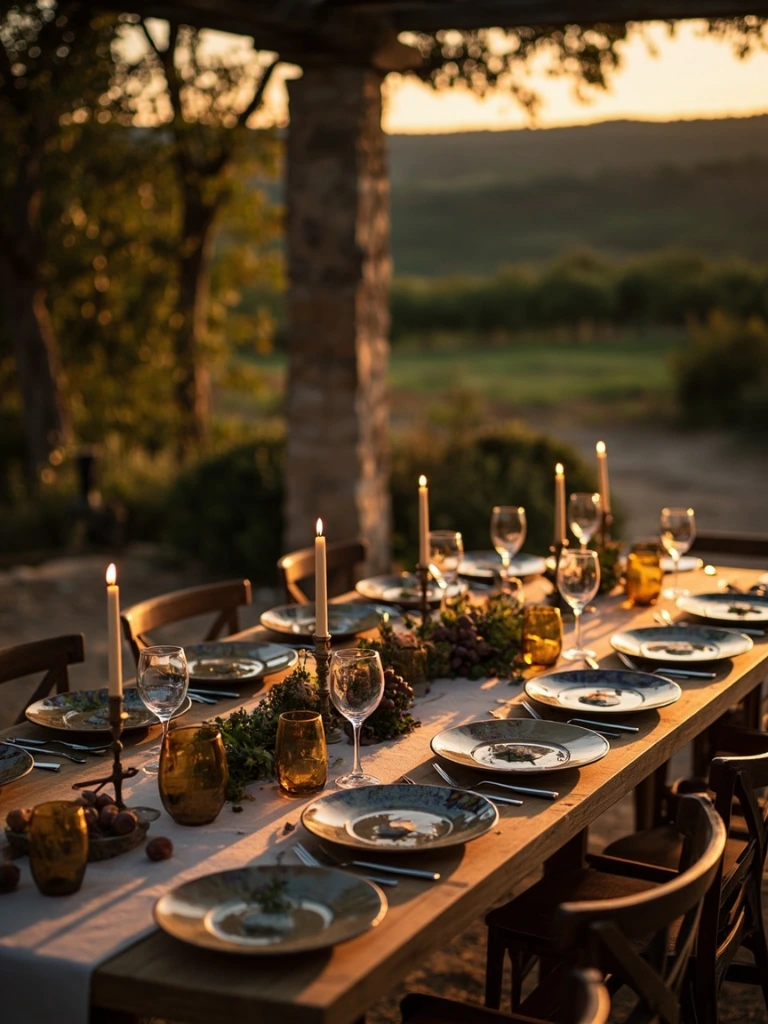 La table d'hôtes dressée sous la treille, à la tombée du soir